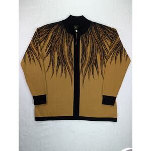 Feather Pattern Zip Up Mock Neck Cardigan Medium by Bob Mackie Wearable Art